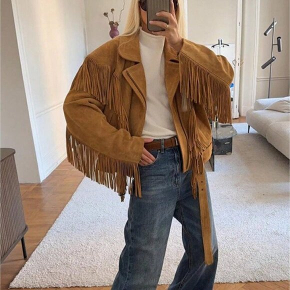 Jackets & Blazers - Khaki Casual Women's Lapel Tassel Wide Shoulder Streetwear Jacket